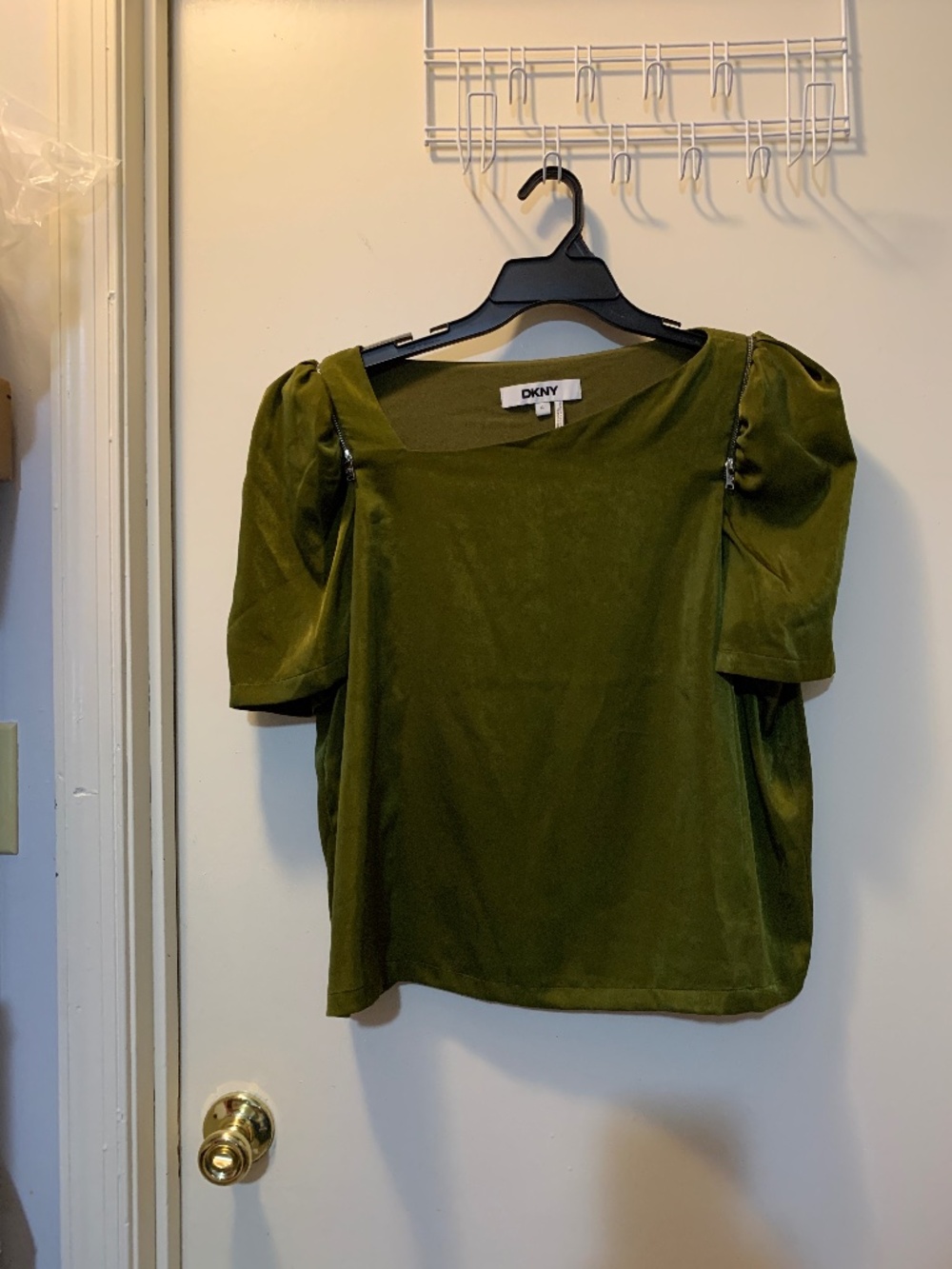 DKNY Soft Shimmer Dark Olive Asymmetrical Neckline Top Shoulder Zip Trim Size XL